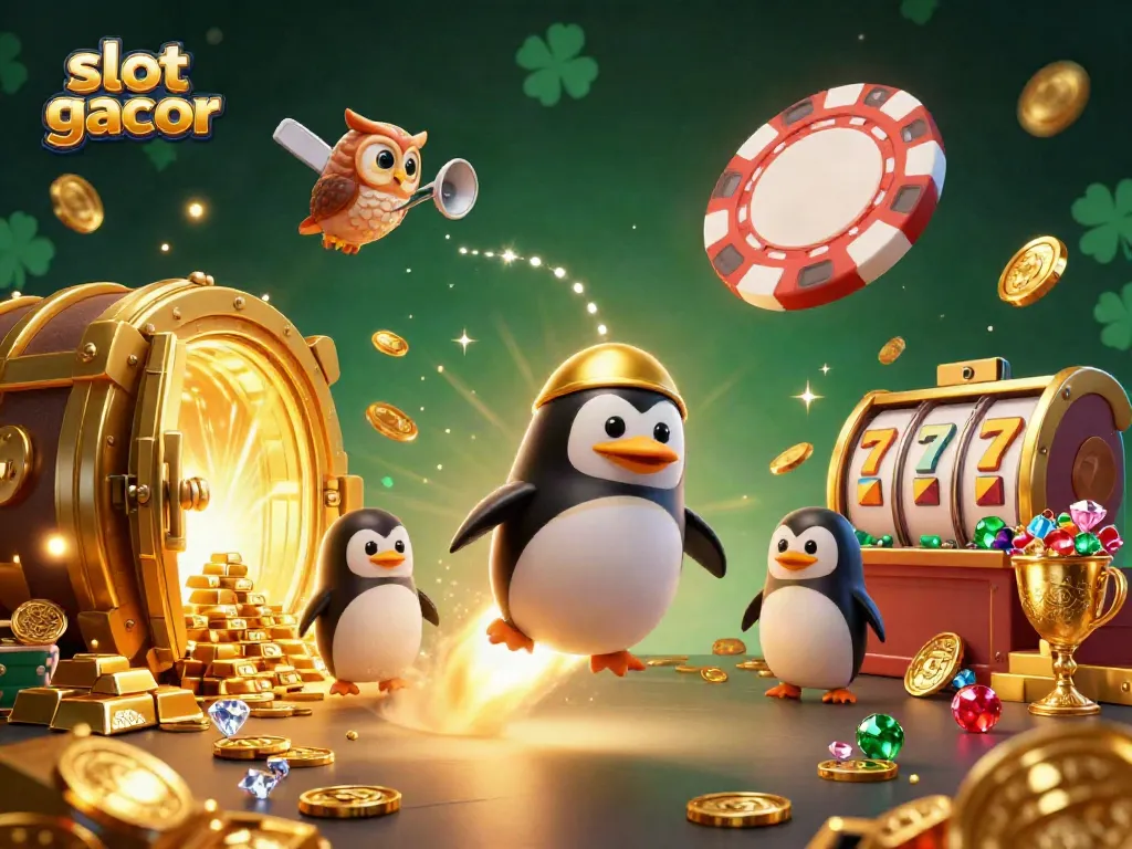 Experience the thrill of slot gacor gameplay with vibrant 3D illustrations of exciting casino elements and a dynamic penguin.