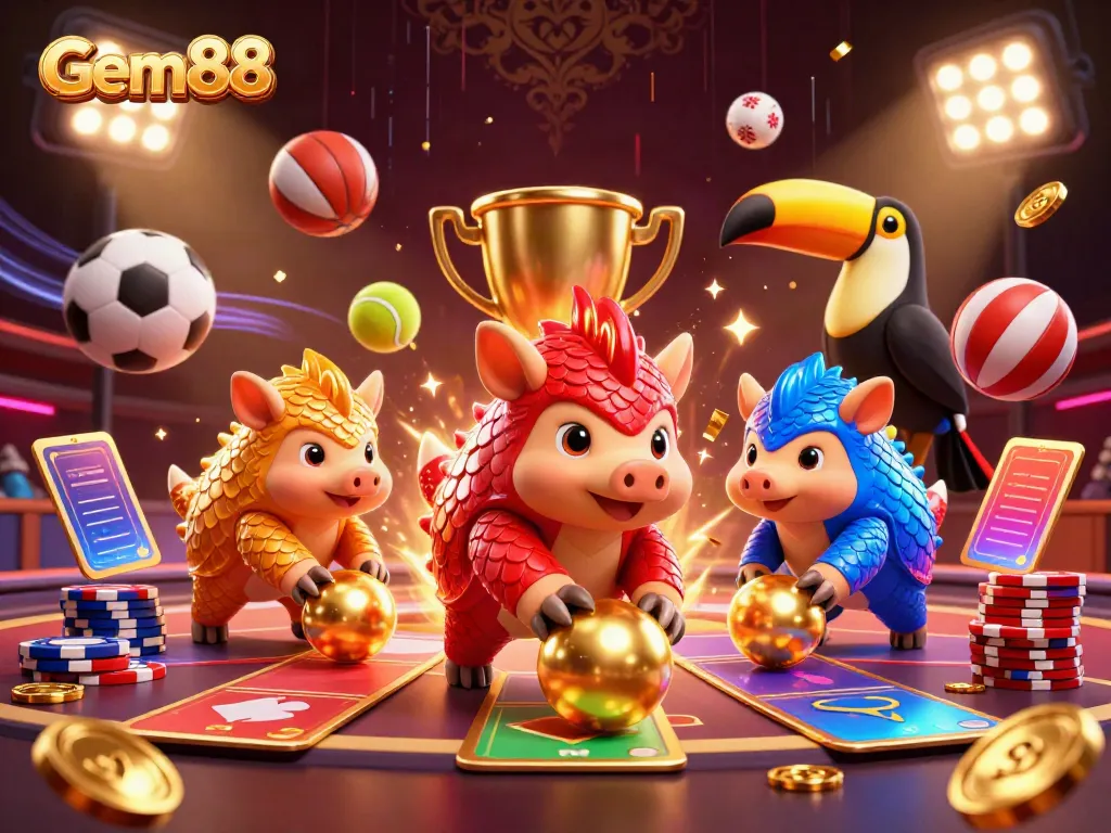 Gem88: Rival pangolins in an energetic gambling showdown among flying sports balls and poker chips.