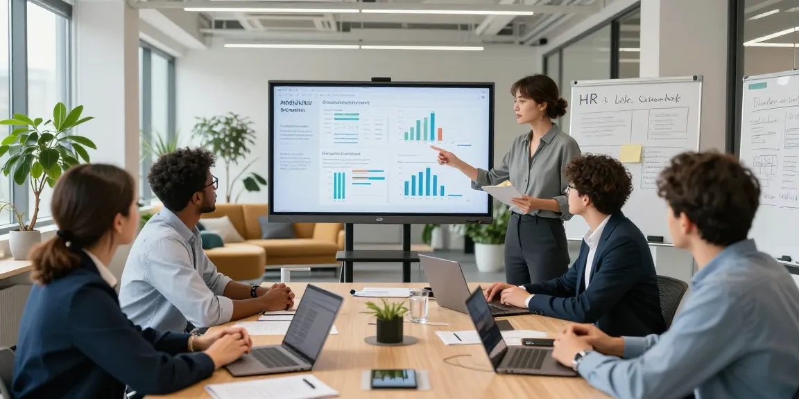 Arbeiten in einem modernen Büro, Team diskutiert über Arbeitskultur bewerten und Feedback-Strategien.