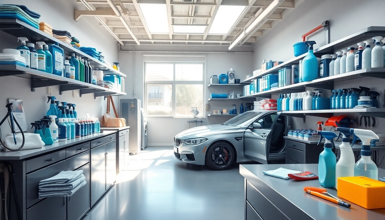 Autopflege Shop mit professionellem Arbeitsbereich und verschiedenen Reinigungsprodukten.