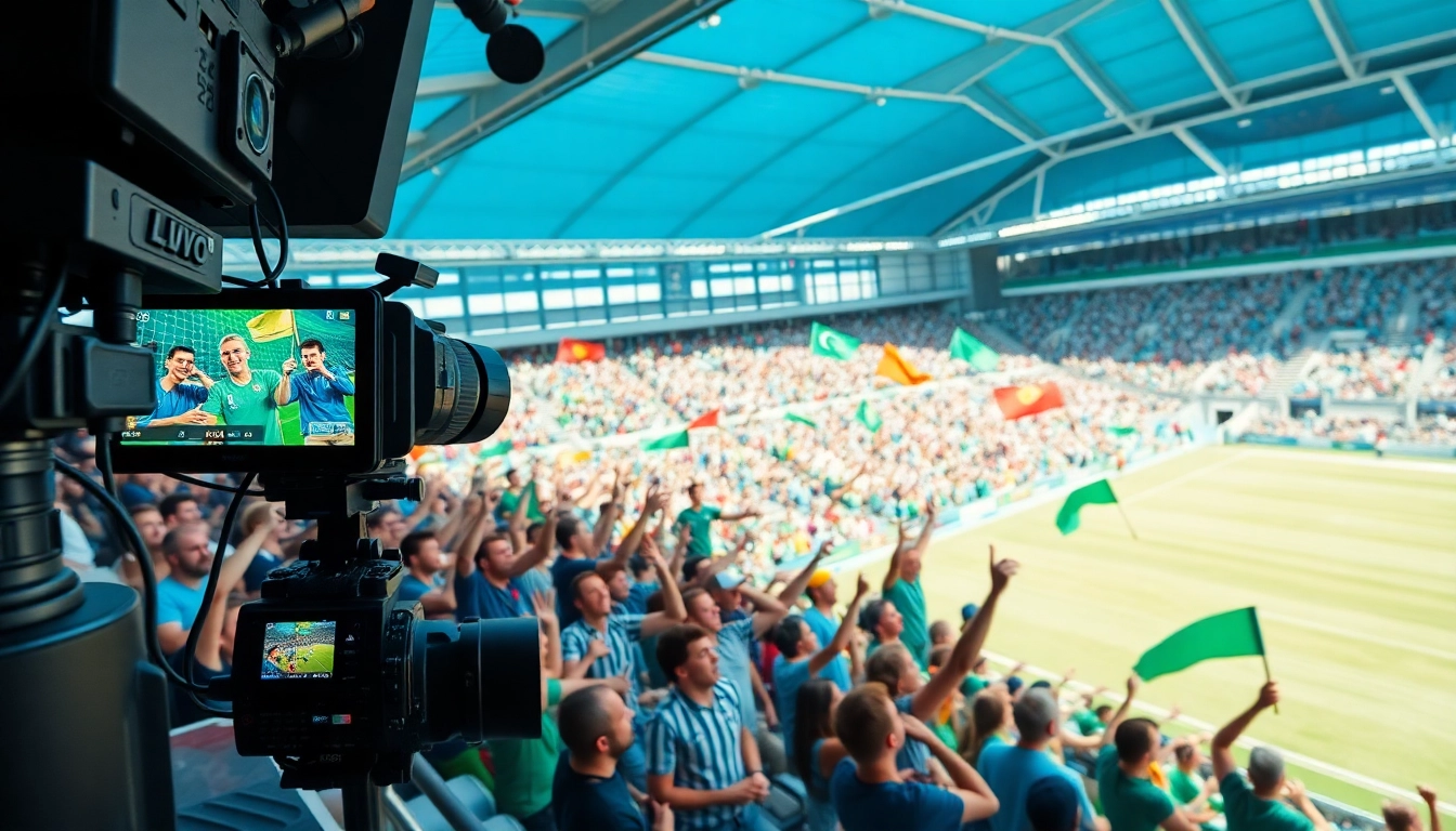 Fans engaging in sports broadcasting event, highlighting excitement and technology.