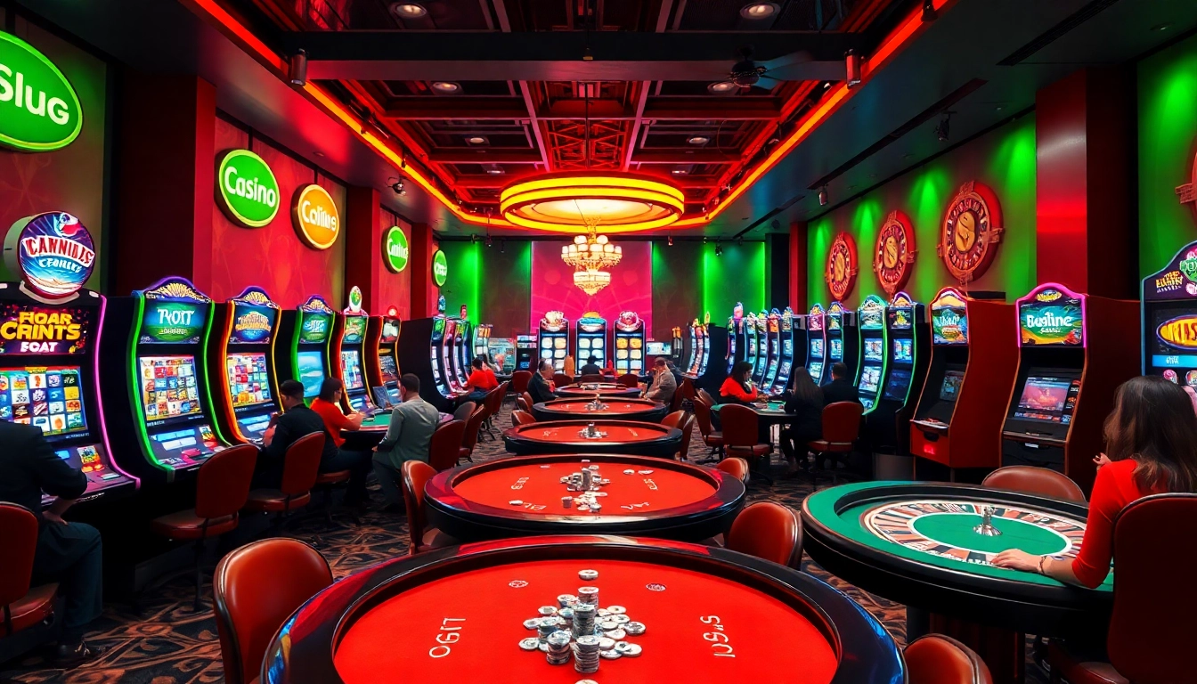 Online casino játéktér tele színes gépekkel és lelkes játékosokkal.