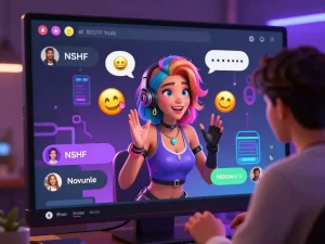Engaging NSFW chat bot character in a vibrant virtual chatroom, showcasing interactive elements and playful atmosphere.