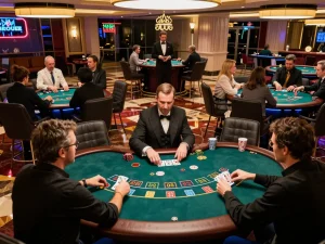 Fesselndes Spielgeschehen an einem Casinotisch mit Immobilienmakler Frankfurt Eckenheim Spielern, die sich auf ihre Hände konzentrieren und Aufregung sowie Strategie zeigen