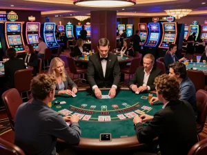 Nohu players engaging at a blackjack table in a vibrant casino setting