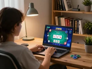 Engaging session of 33WIN in a cozy home gaming setup with poker interface visible.