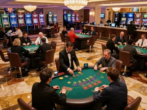 Players at TG88 casino strategically placing bets at blackjack tables in a lively atmosphere.