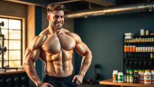 Ein muskulöser Körper mit Unique Pharma Steroids im Hintergrund.
