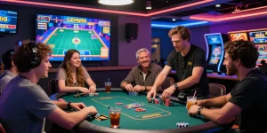 Exciting gaming atmosphere at https://gemwin.pics/ showcasing diverse players enjoying various games, vibrant lights and promotions.