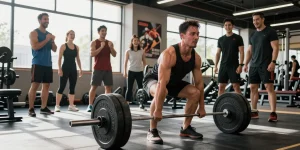 Bodybuilder im Anabolika-Shop beim Deadlift-Training mit Unterstützung von Freunden, motivierende Gym-Atmosphäre.