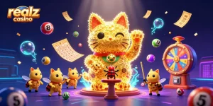 Experience the excitement of realz casino with vibrant 3D illustration featuring lucky symbols and games.