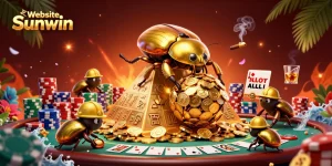 Experience excitement with Website Sunwin, where golden beetles roll coins up a pyramid in a vibrant casino scene.