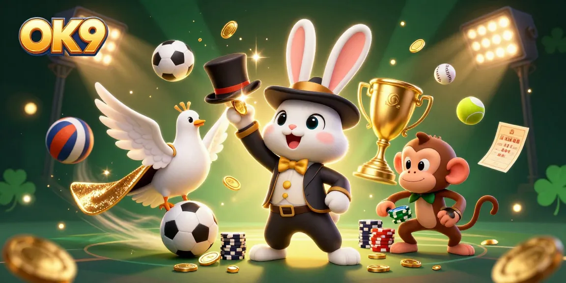 Watch the OK9 magician rabbit conjure golden coins amid a vibrant casino scene.