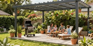 Moderne Terrassenüberdachungen aus Aluminium im Garten mit Familie und Grill bei Nachmittagssonne.