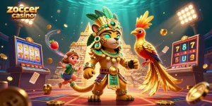 Play exciting games at zoccer casino with a vibrant visual of Mayan-themed gaming, showcasing slot reels and colorful prizes.