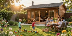 Familie genießt den Garten mit einem stilvollen Garten Haus, Kinder spielen und Blumen blühen.