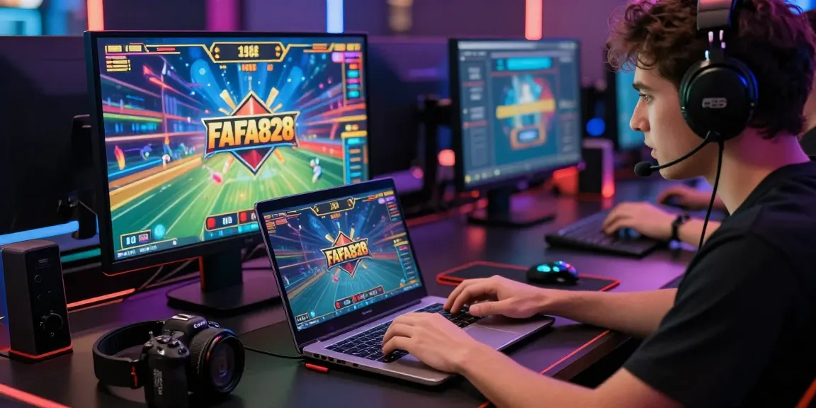 Exciting online gaming moment with FAFA828 logo on screen, player immersed in gameplay.